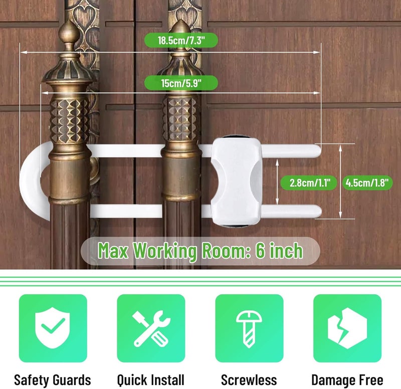 Modacraft 6 Packs Sliding Cabinet Locks, Baby Proofing U-Shaped Child Safety Latches Adjustable White Locks for Handles Knobs Drawers Closet Cupboard - Image 2